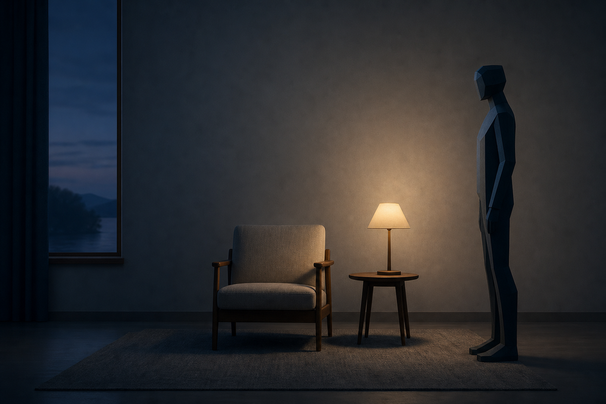 A quiet blue-hour room with an empty chair and lamp while a calm AI presence stands just outside the arrangement