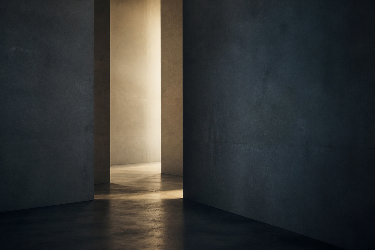 Threshold interior with one clear band of warm light cutting through shadow, suggesting form that protects what stays alive