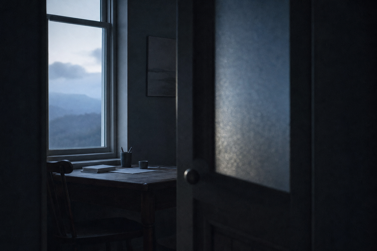 Quiet blue-dawn room with an empty desk, frosted glass, and a half-open door, suggesting privacy and protected thought.
