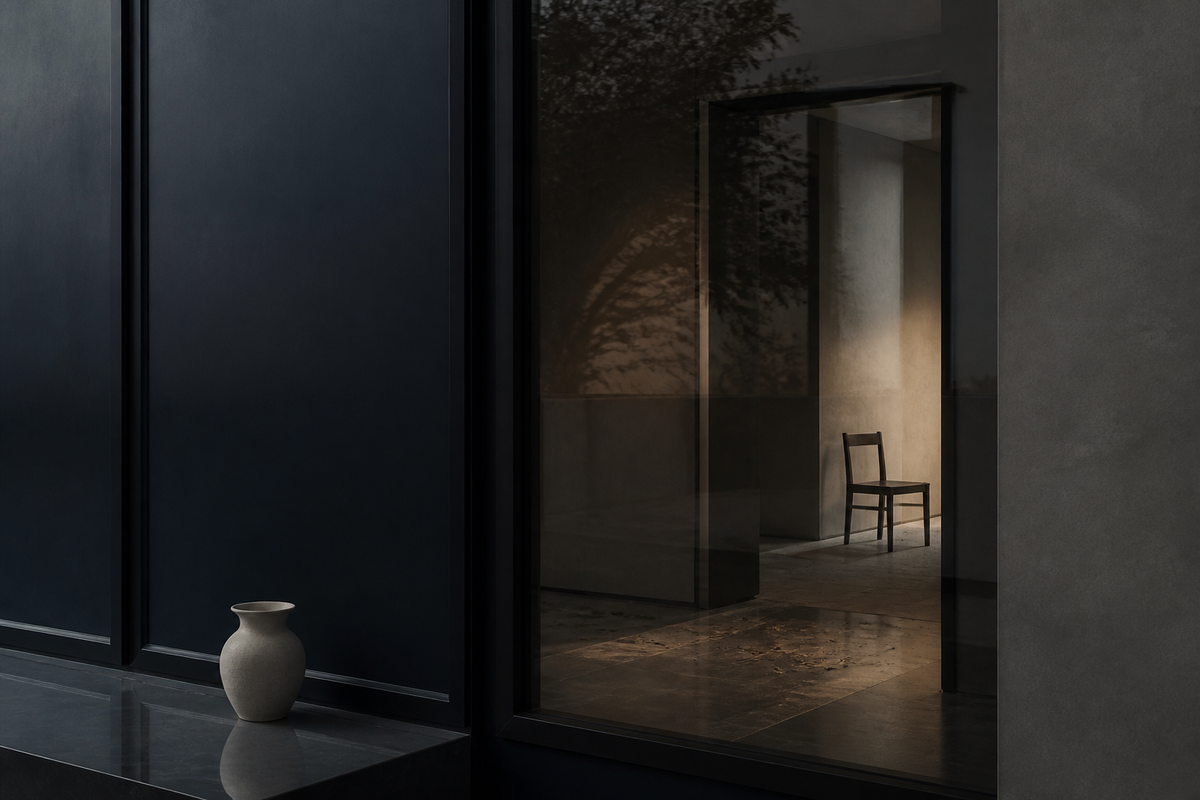 A quiet interior seen through reflective glass, with a lone chair in a carefully composed room.