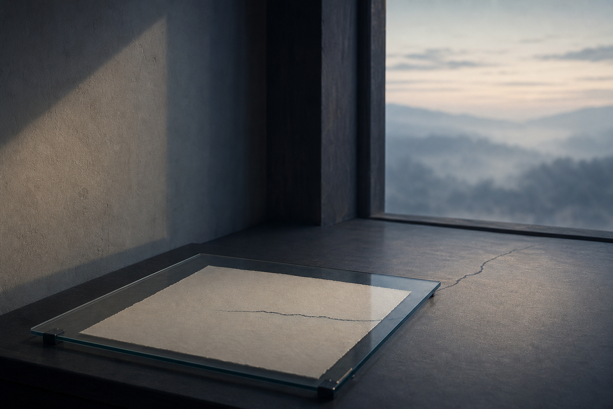 A quiet sheet under glass on a dark desk, with a fine unresolved line continuing toward a dim window