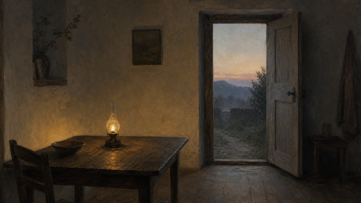 a small warm lamp beside a half-open doorway at dawn