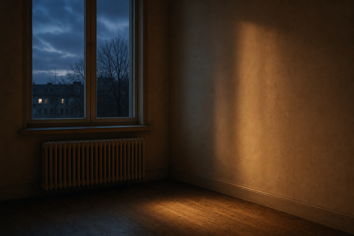 empty heated room at dusk with a radiator beneath a window