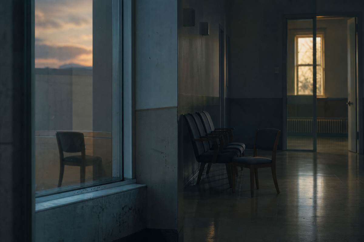 Dim blue corridor with empty chairs and warm window light, suggesting quiet self-betrayal and emotional drift