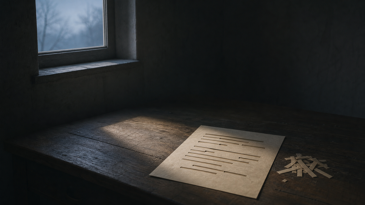 a dawn-lit desk with a paper cut by blank spaces and small offcuts beside it