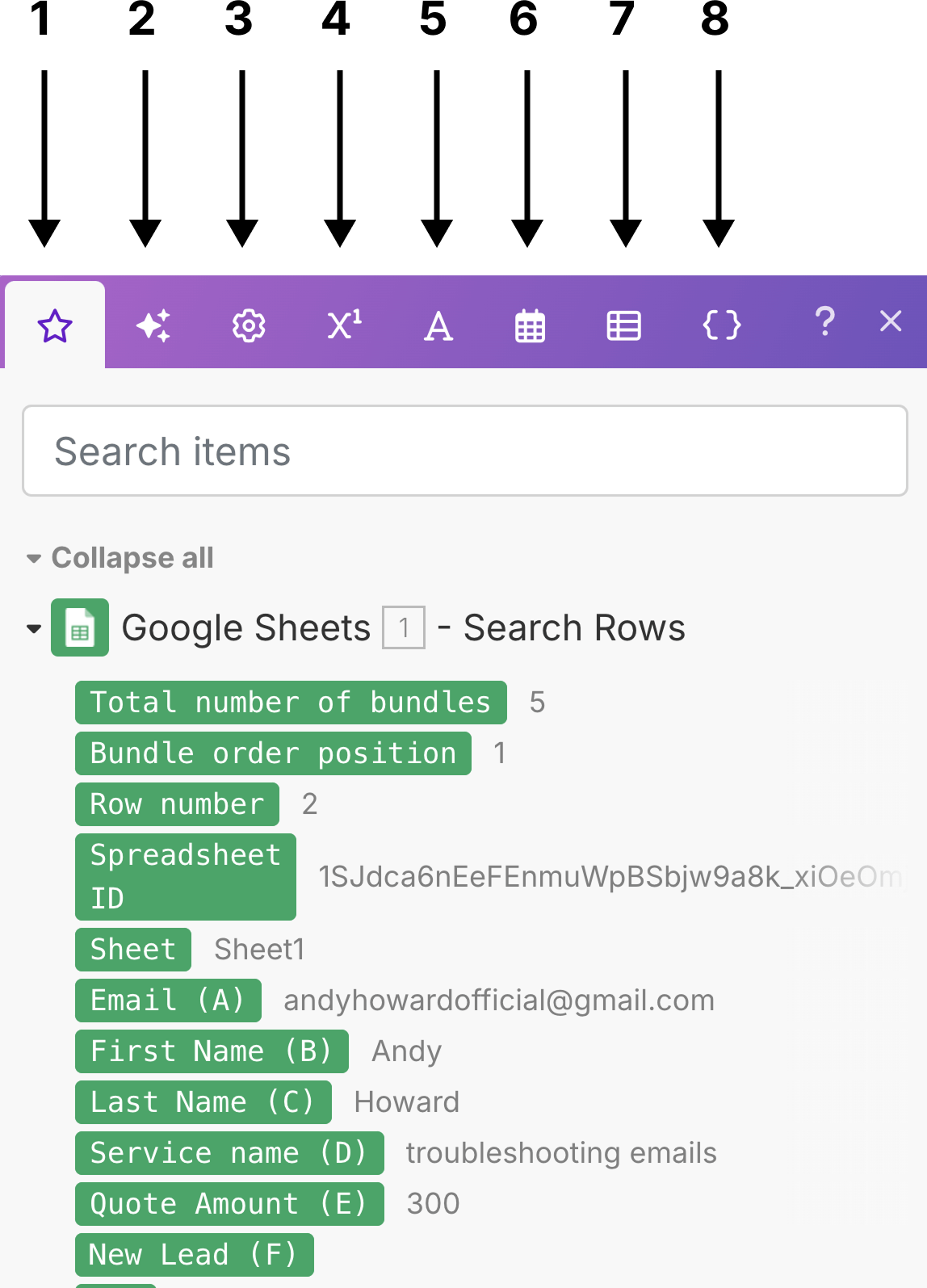 The eight tabs of Data mapping panel of make.com