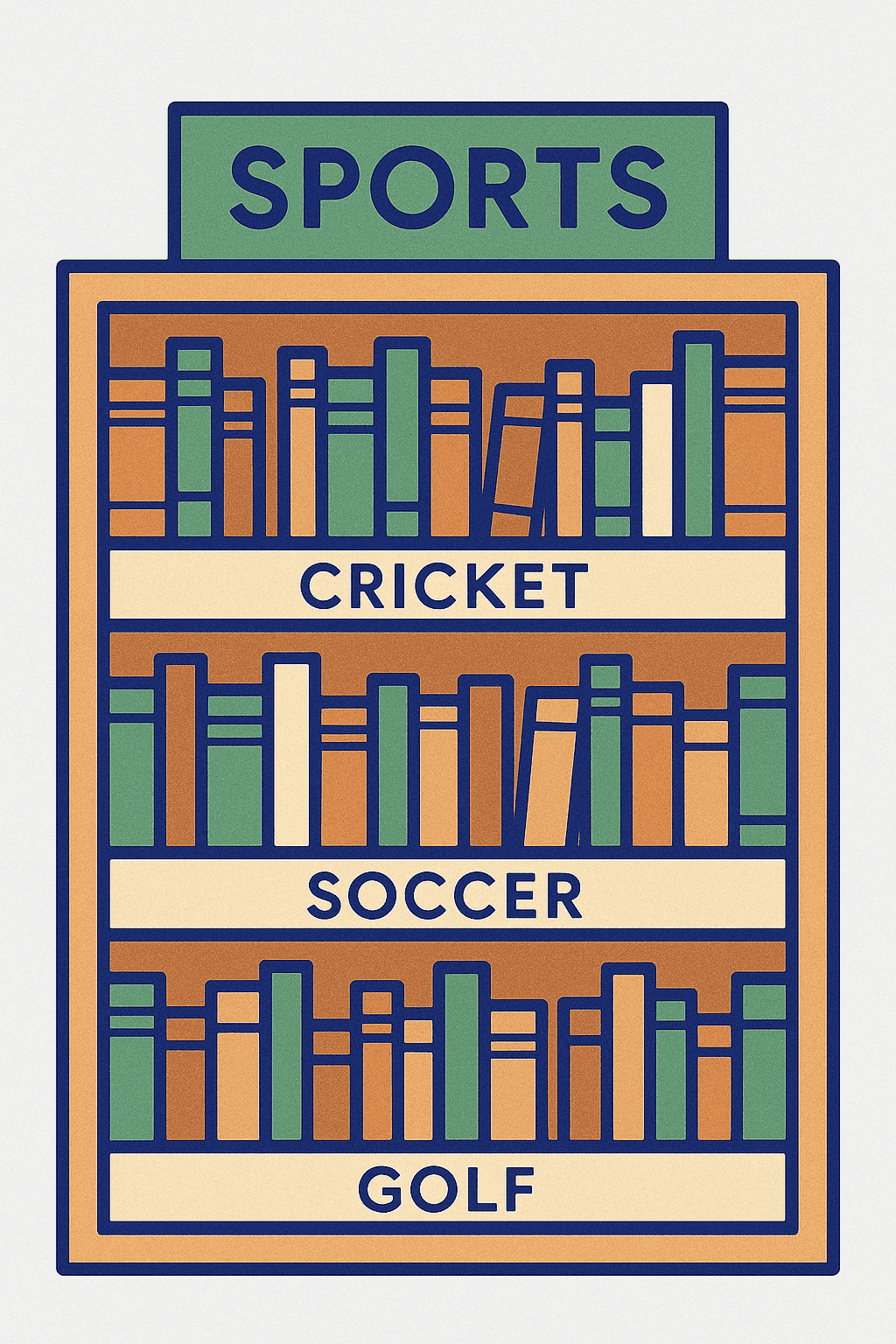 Library book rack with three shelfs named as Cricket, Soccer and Golf.
