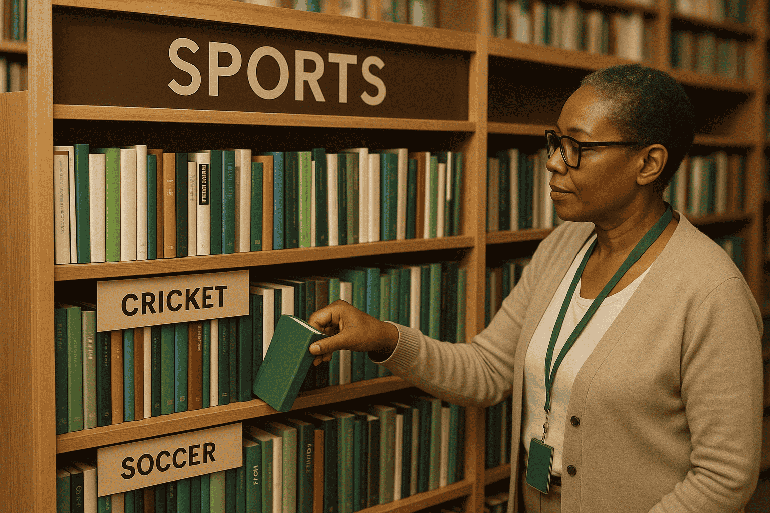 Librarian taking out a book from the Cricket shelve of the "Sports" rack.