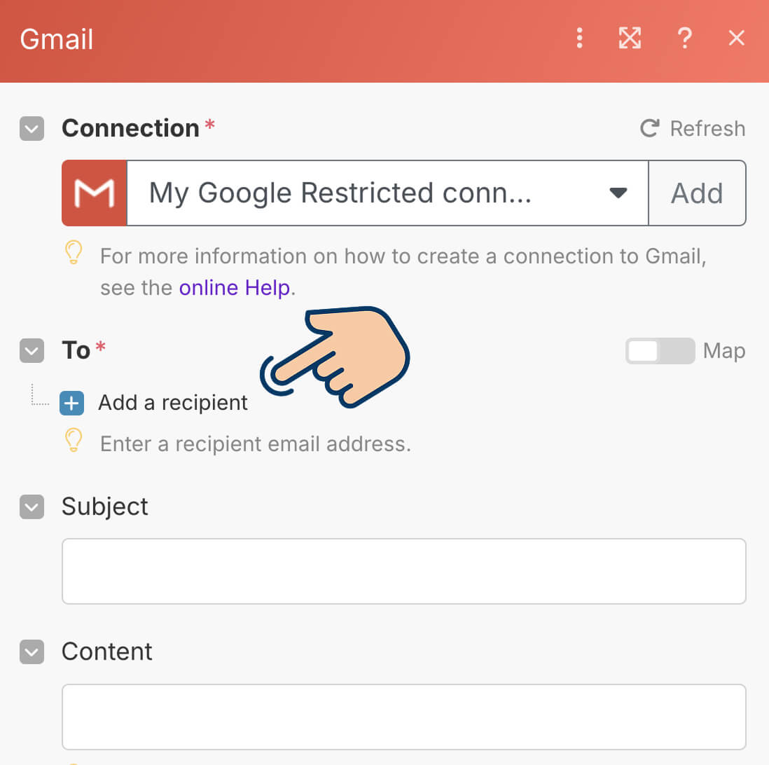 The location of "Add a recipient" button