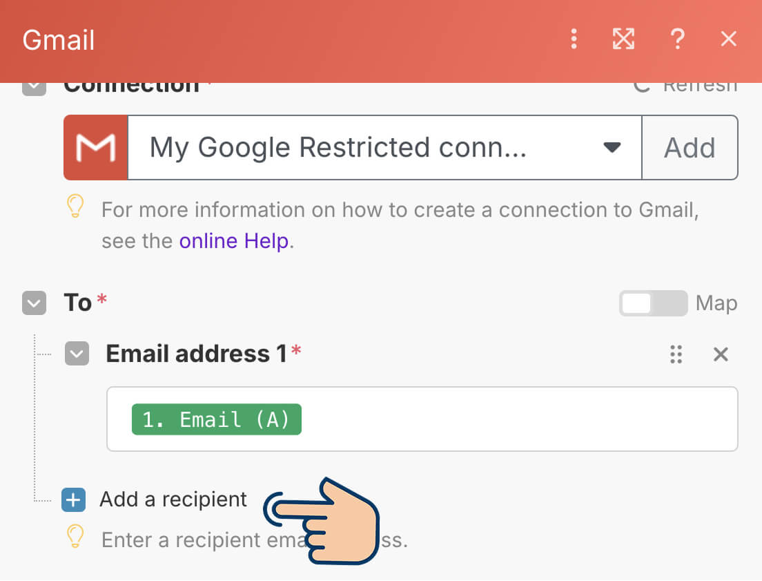 The location of "Add a recipient" button