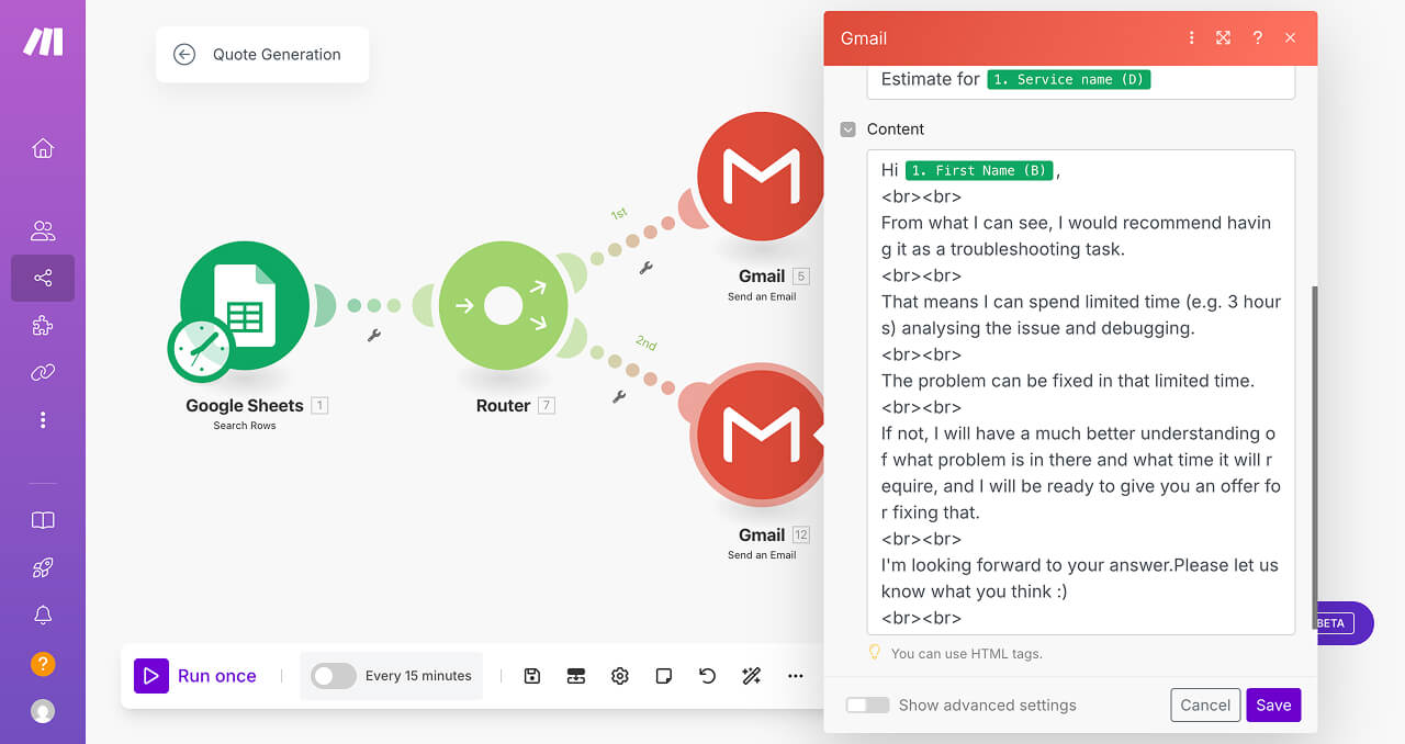 Replacing the email content and dynamic data placeholders on "Send an Email" module