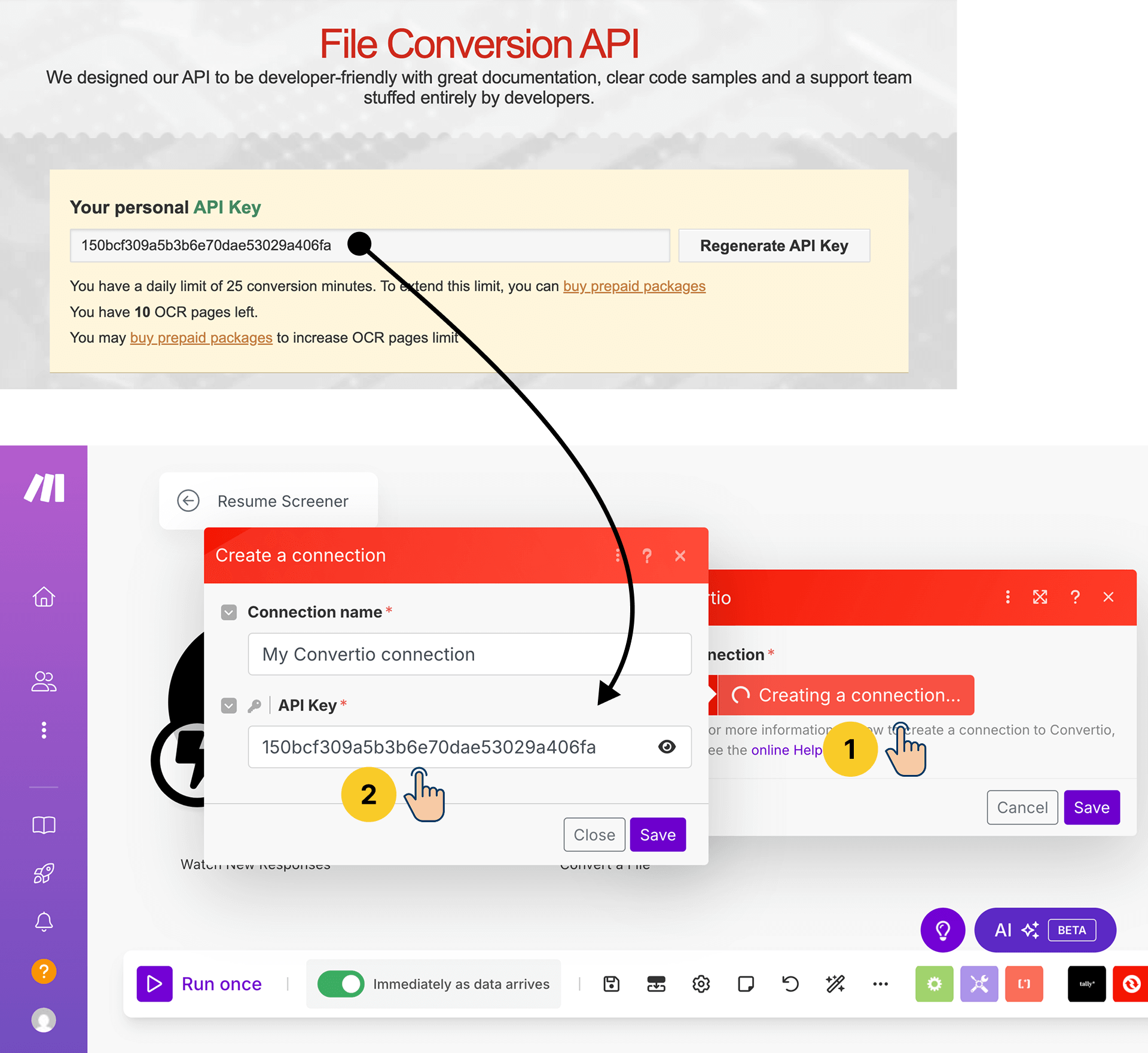 Adding the API key generated during a previous lesson to the connection of Convertio API