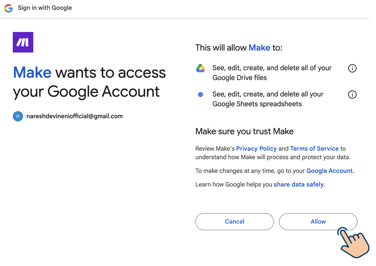 Google taking confirmation from me about authorizing Make.com to see, edit, create, and delete all my Google Drive files