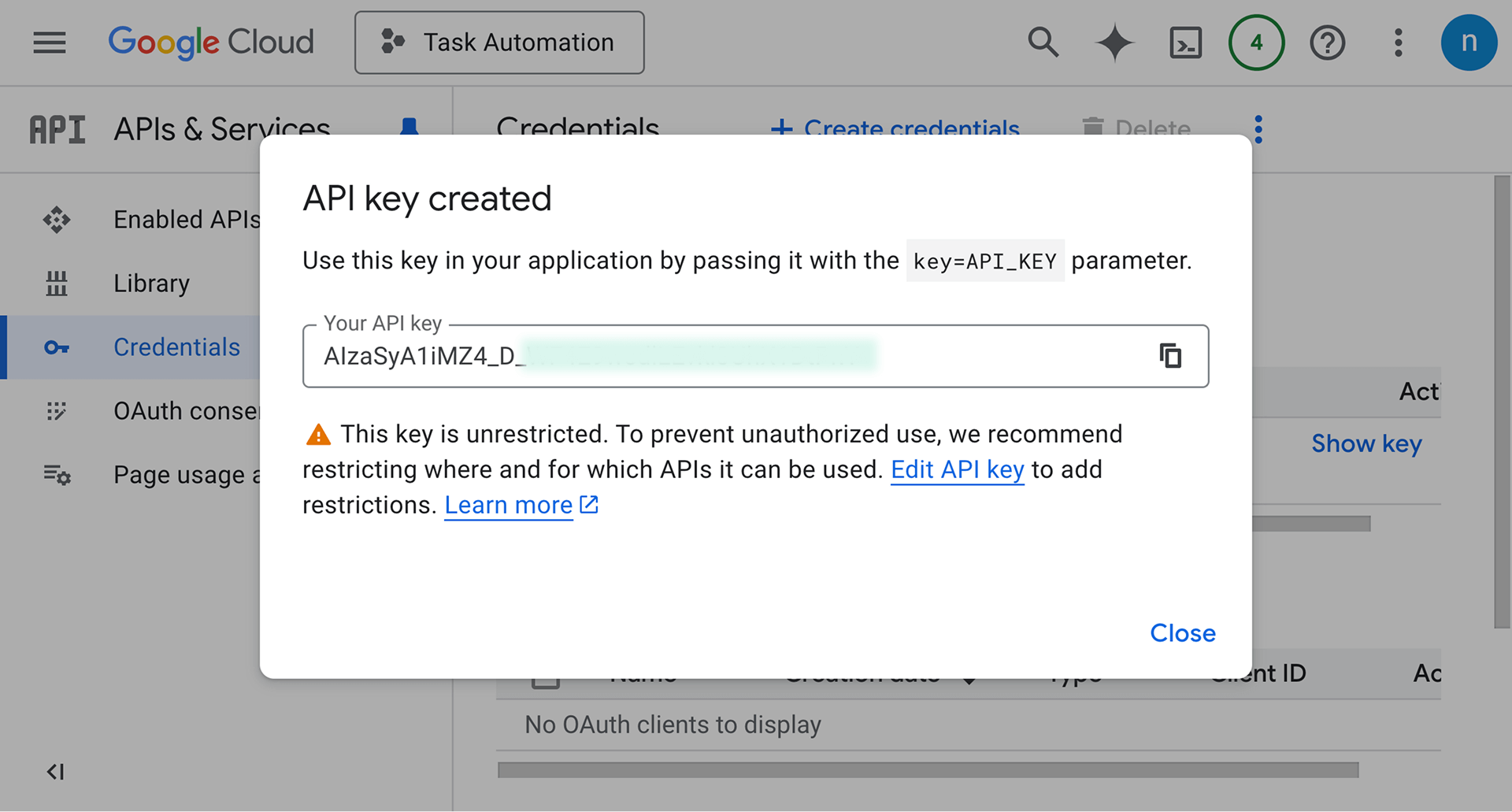 API key created