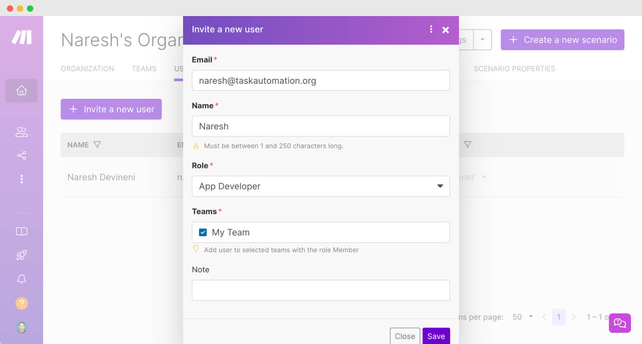 Choosing the role for the invited user on Make.com
