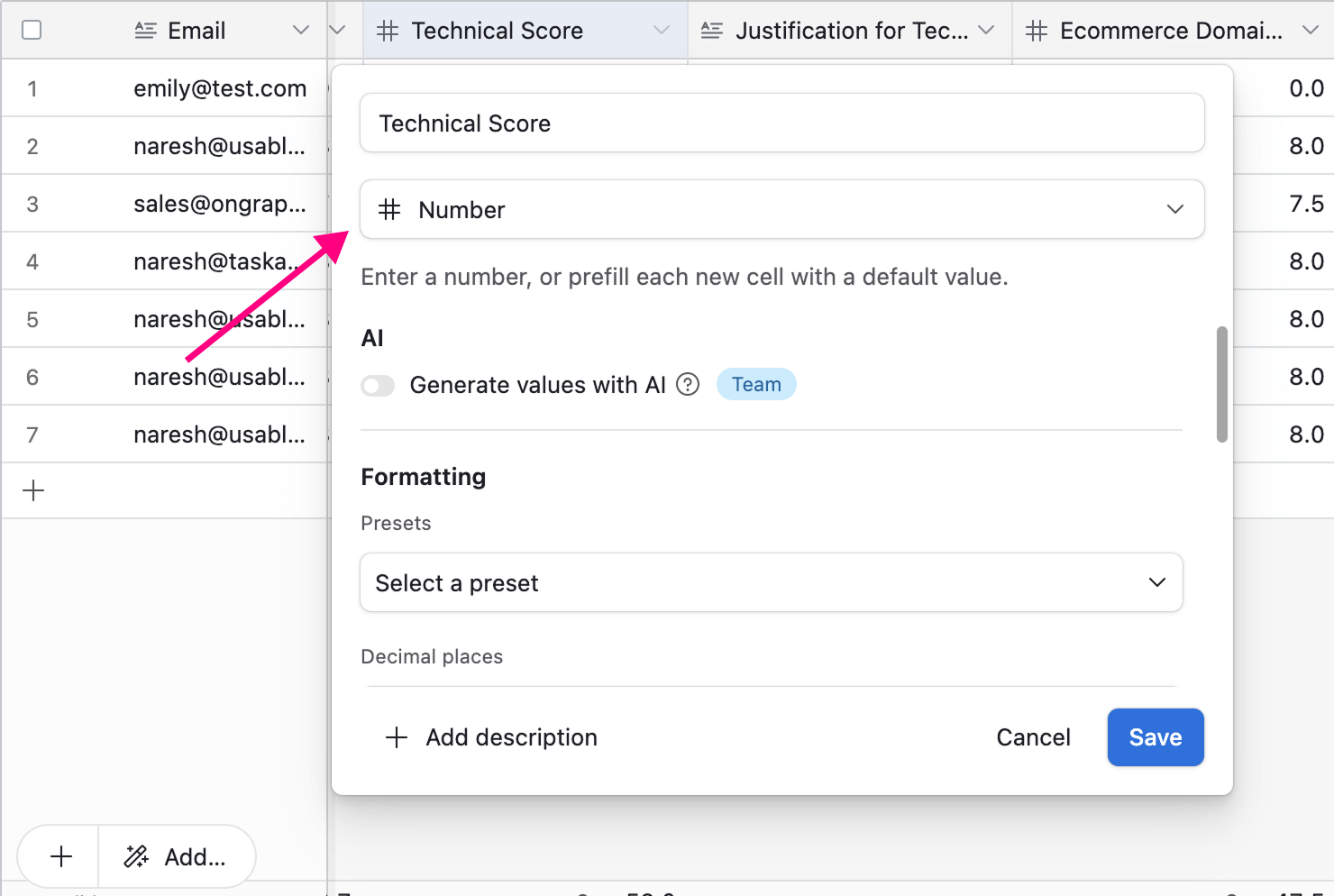 Assigning data type to a column on Airtable