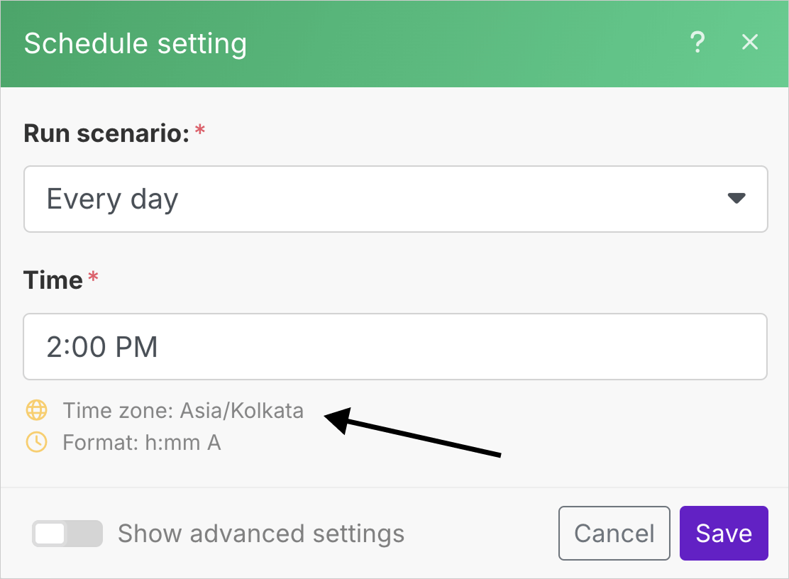 Time zone reference inside the Schedule setting panel