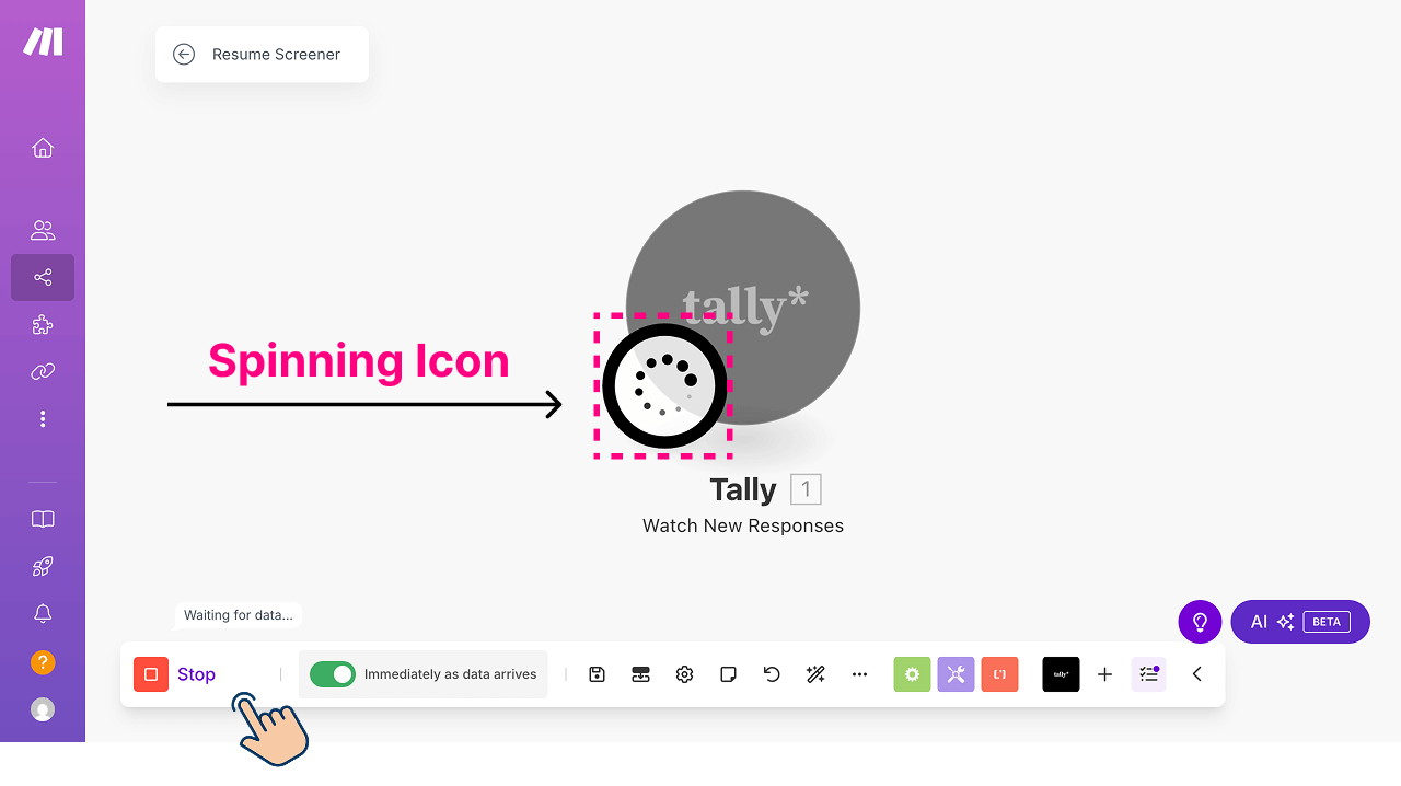 Make.com adding a spinning animation to the automation indicating that it is waiting for the data to trigger the automation