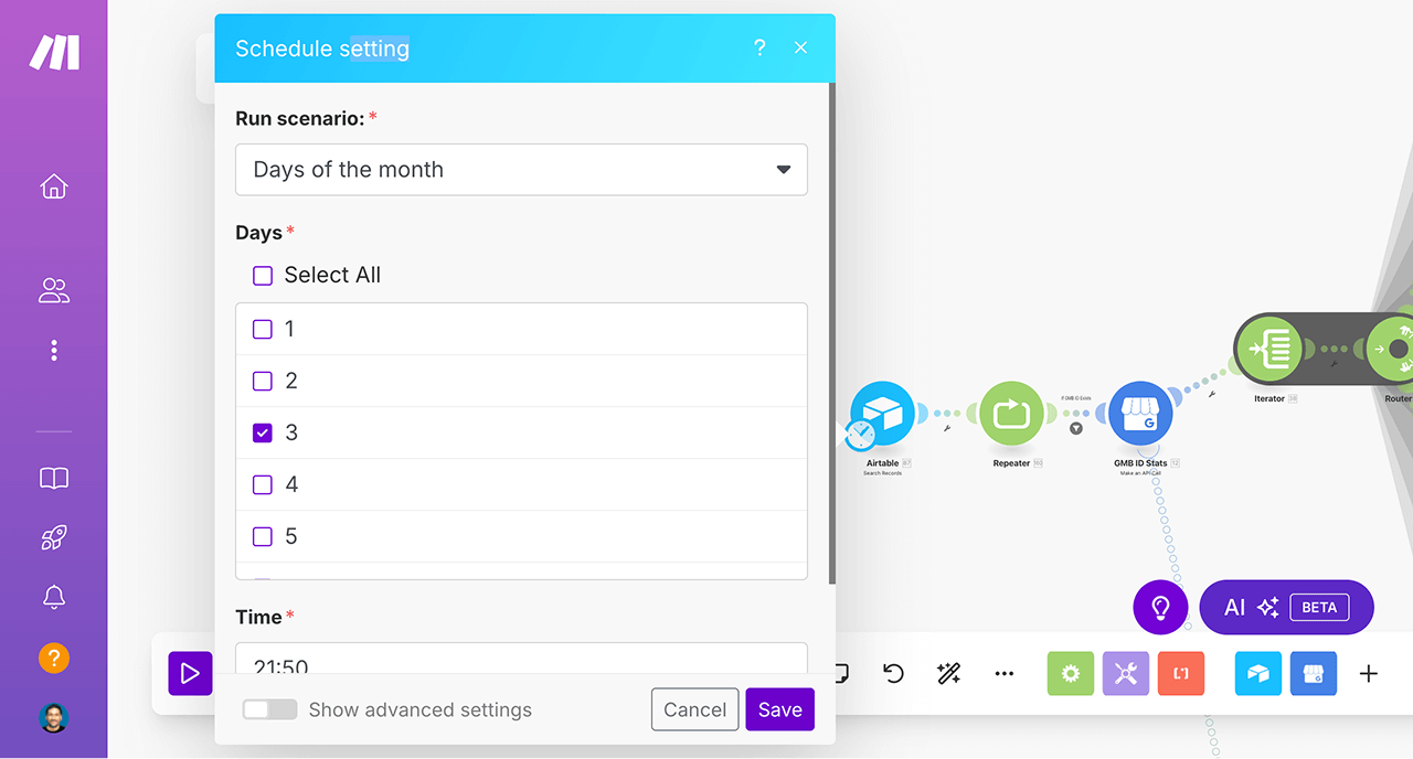 Diagram of business performance insights automation that is scheduled to run on 3rd day of each month
