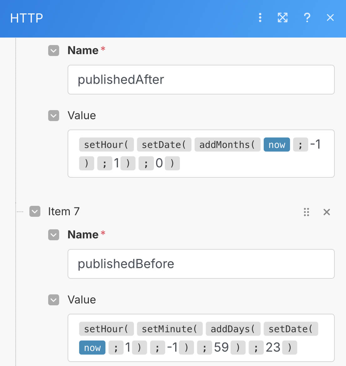 The "publishedAfter" and "publishedBefore" values of a YouTube API HTTP request 
