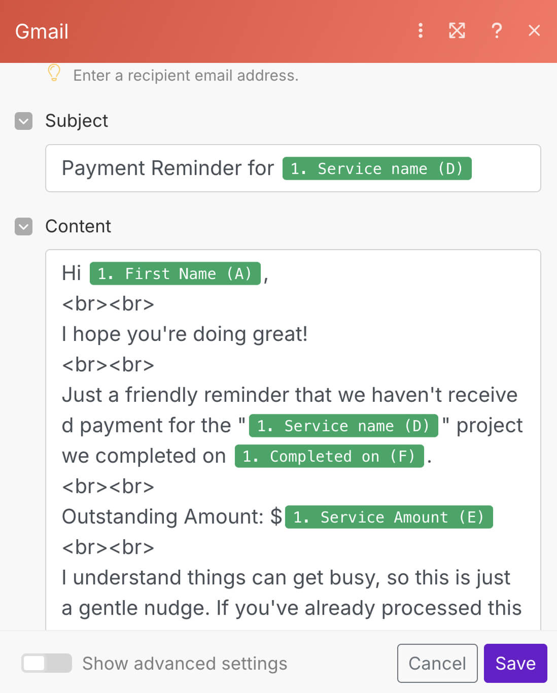 Updated dynamic keys of "Send an email" module