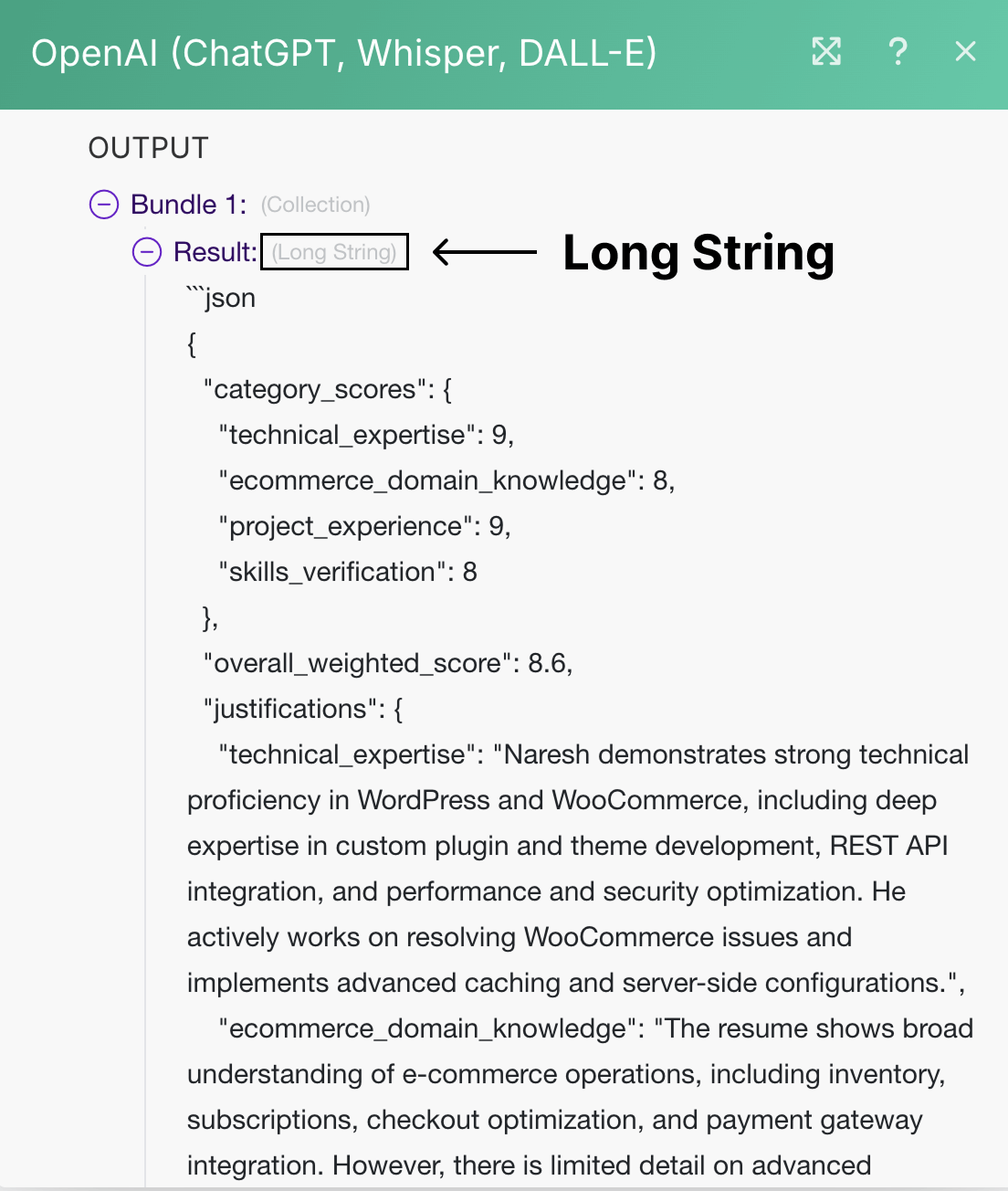 ChatGPT responded in JSON format as expected, but its JSON was returned in long string format.