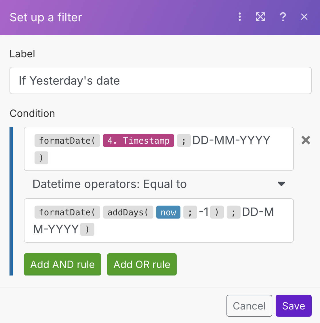 Condition for checking if the timestamp of an Instagram post is equal to yesterday's date