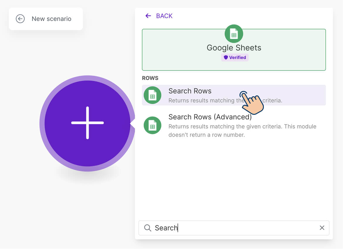 "Search Rows" module of Google Sheets app