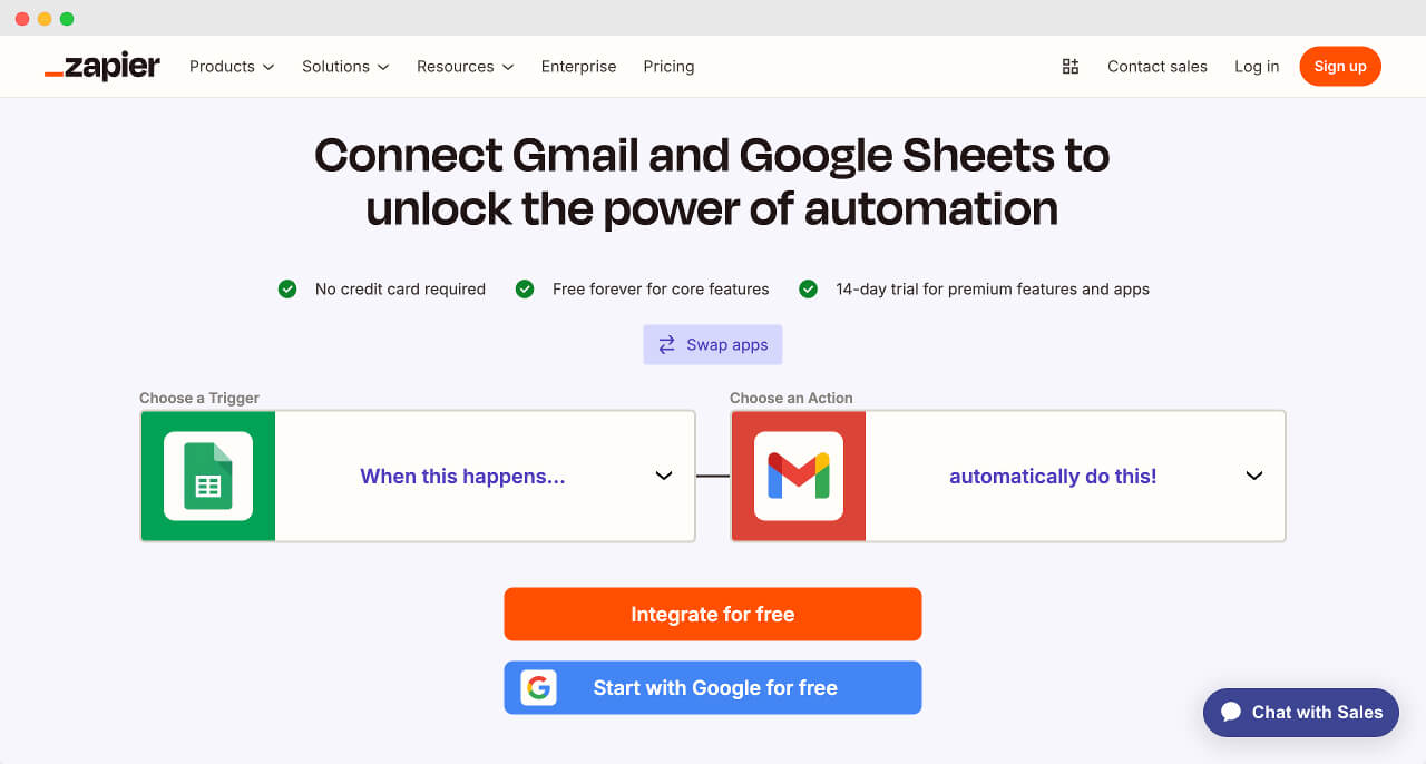 Zapier page for describing connection options between Gmail and Google Sheets