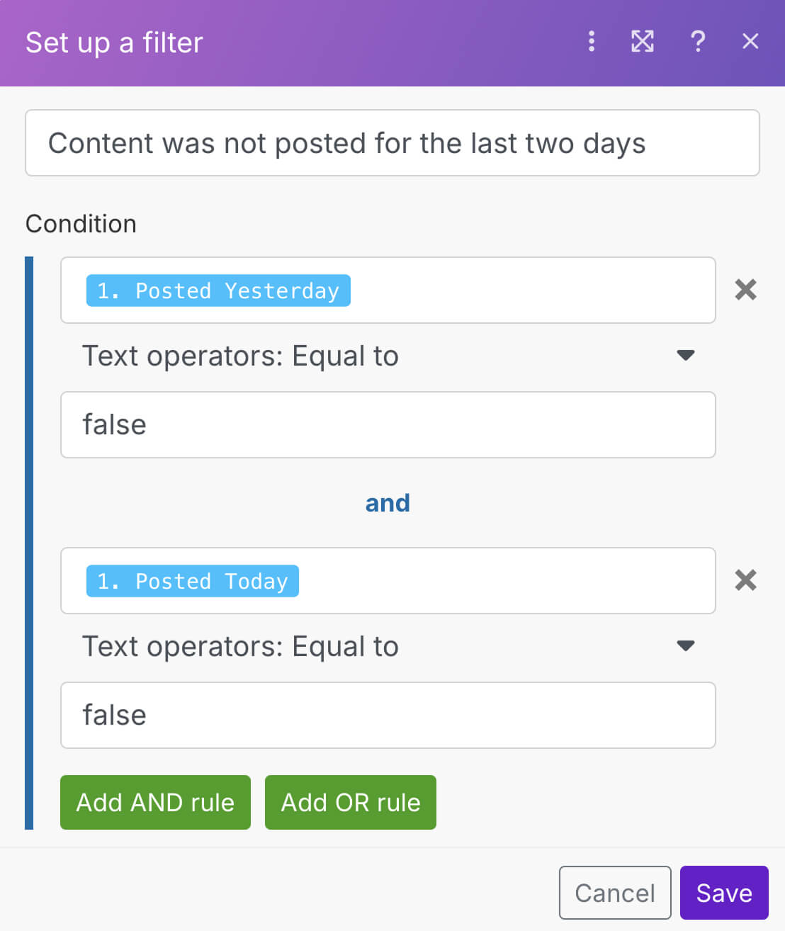 Condition for checking if both "Posted Yesterday" and "Posted Today" is true