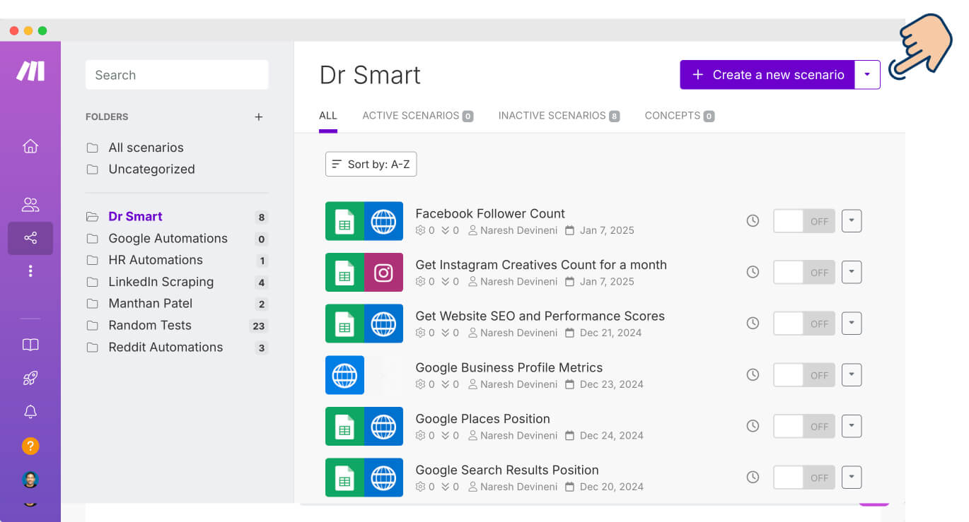 Create a new scenario button on Make.com's "Scenarios" screen