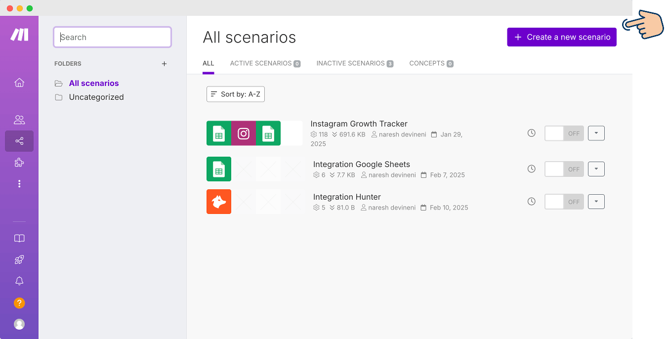 "Create a new scenario" button on Make.com "Scenarios" screen