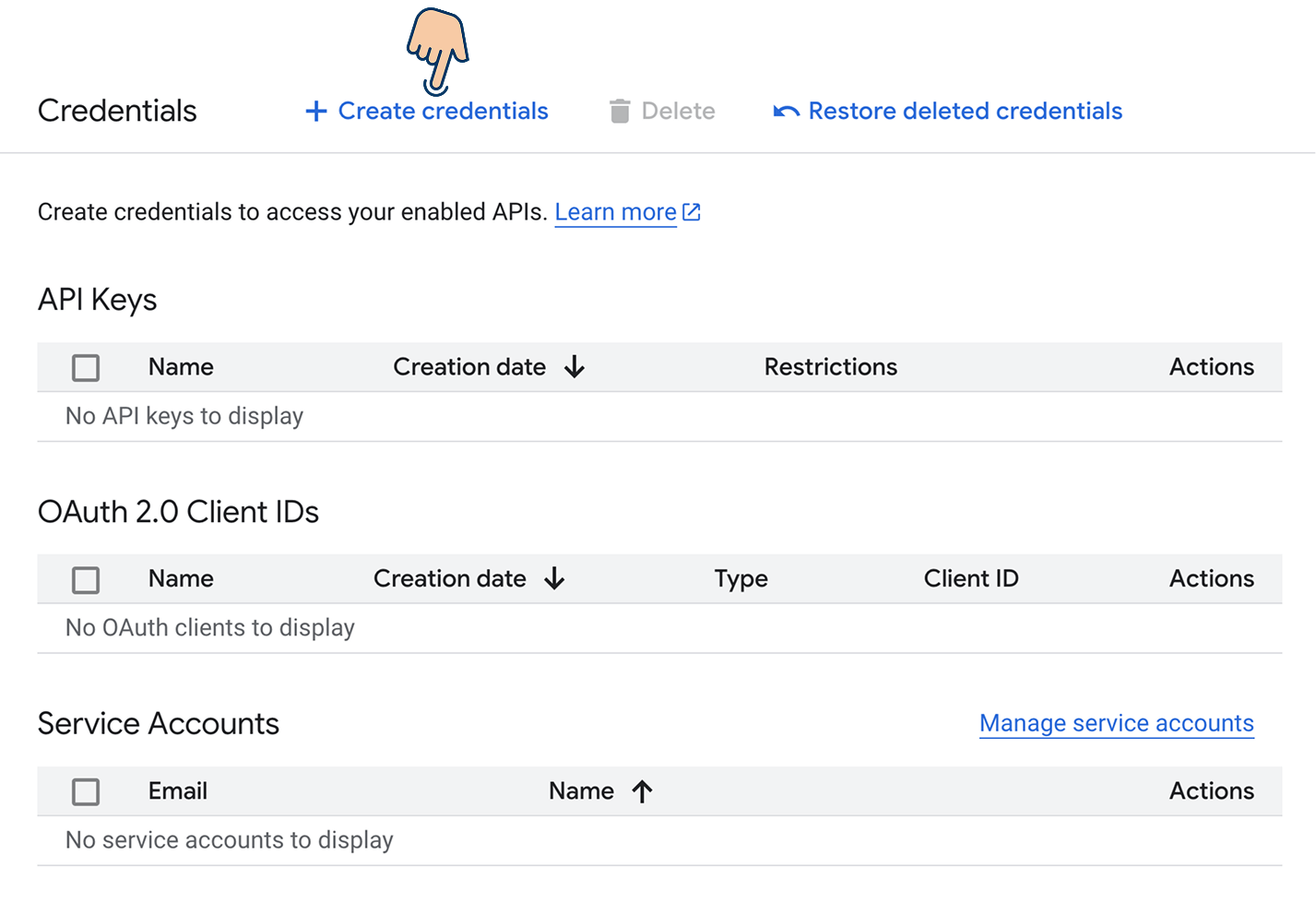 Create credentials button on GCP