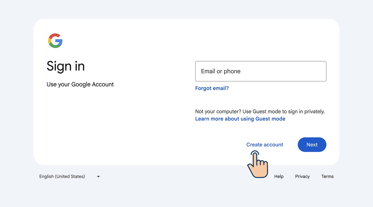 Create Account on Google sign in page
