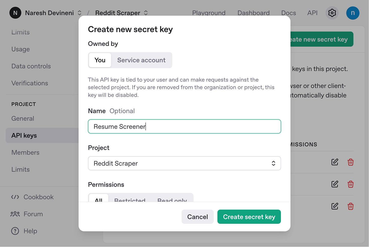 Create new secret key dialog box of OpenAI