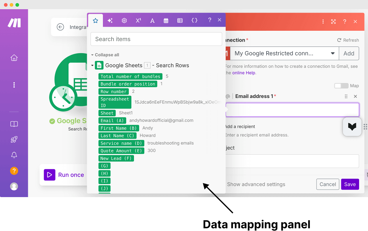 Data mapping panel of Make.com
