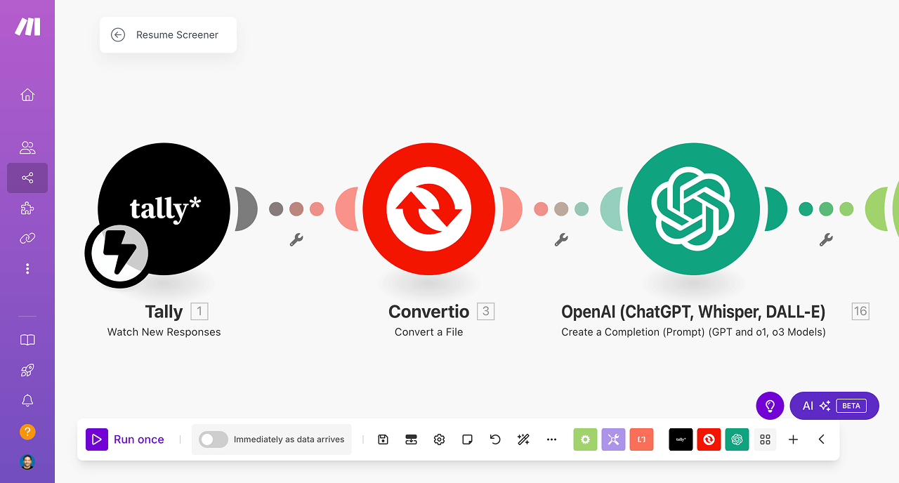 Diagram of resume screener automation starting with a Instant trigger module