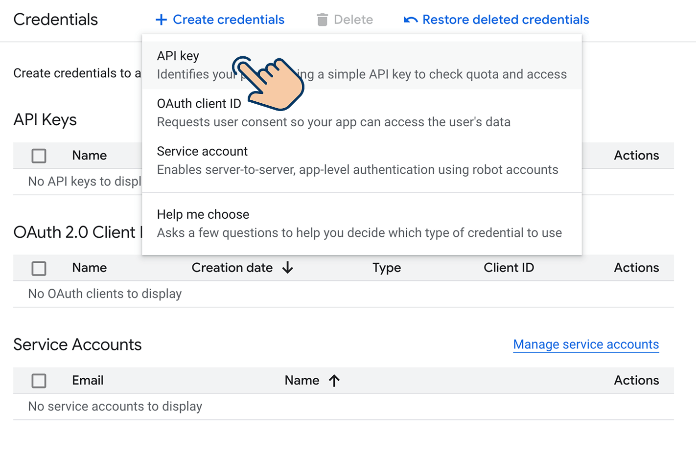 Choose API key for the credential type