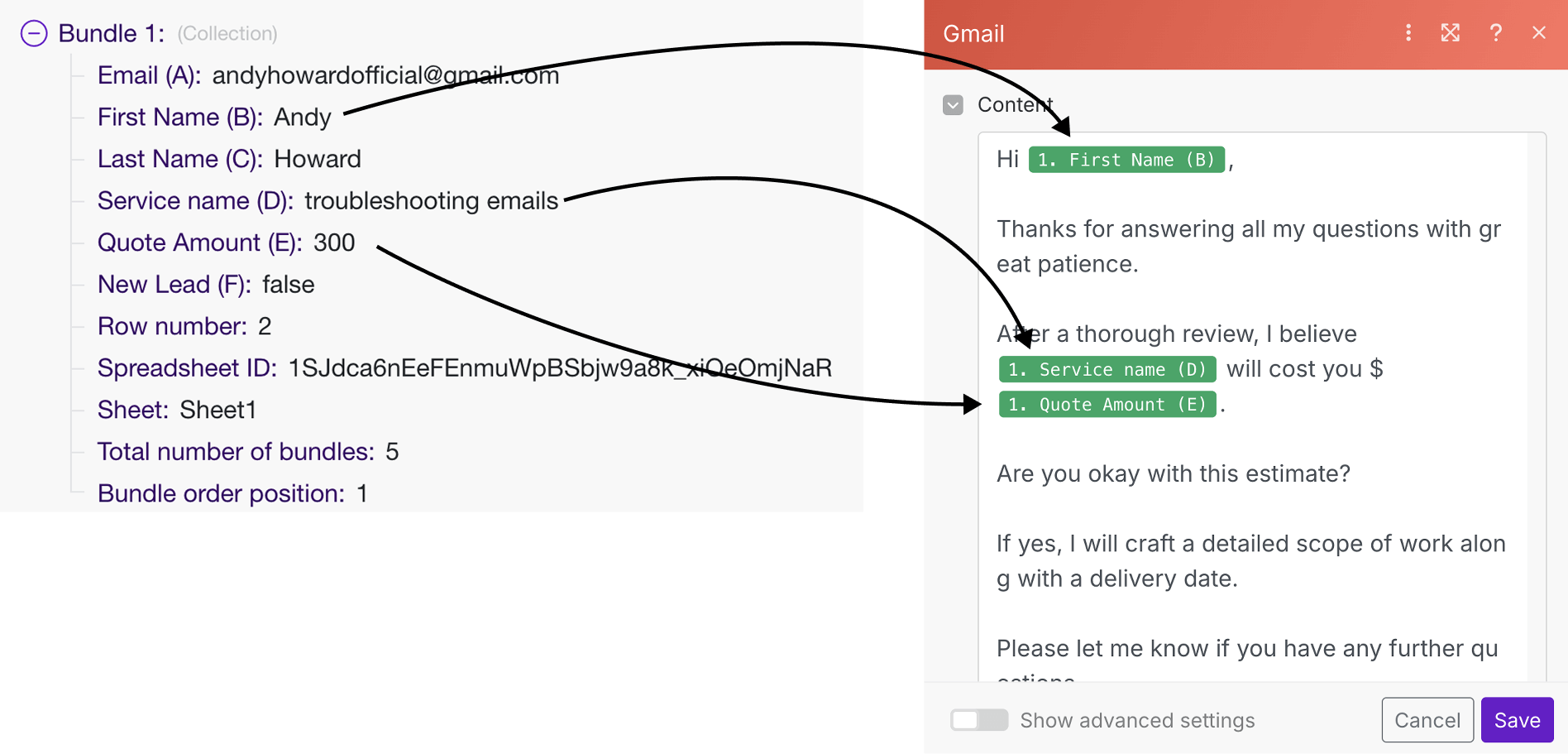 First name, quote amount, and service name transformation for Bundle 1