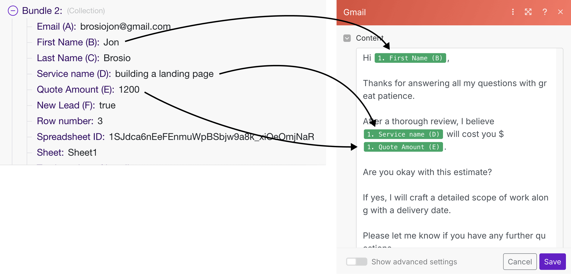 First name, quote amount, and service name transformation for Bundle 1