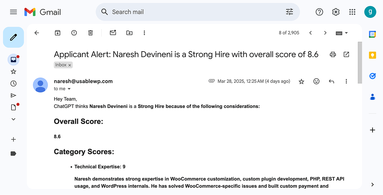 Email notification about a strong applicant