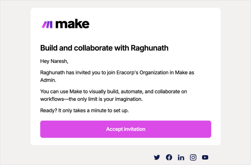Make.com user invitation email