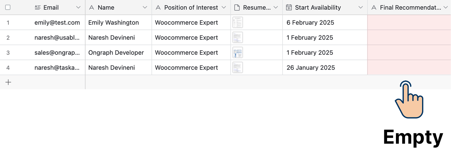 Empty "Final Recommendation" column on Airtable spreadsheet
