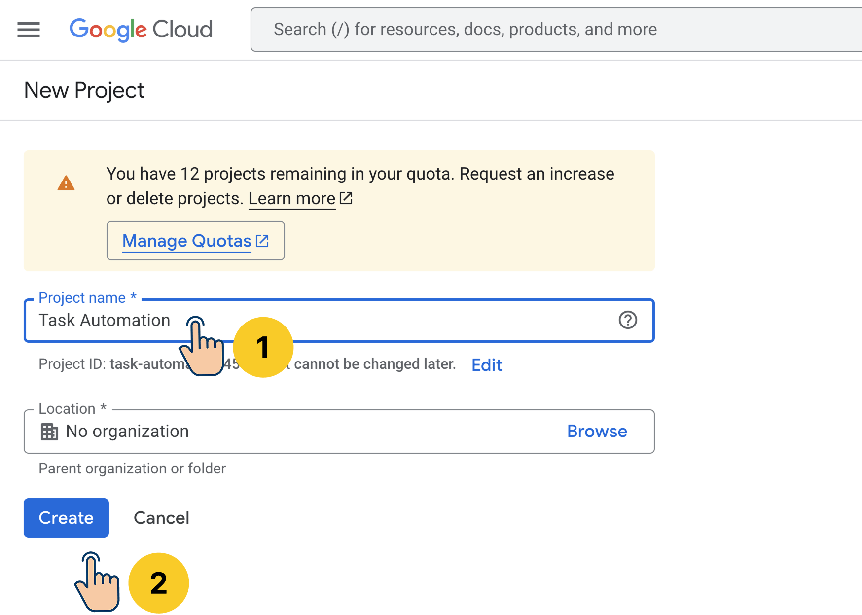 Enter the details of new GCP project and create it