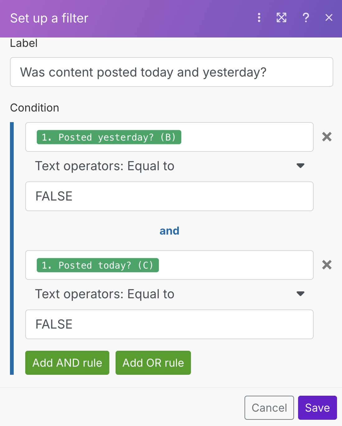 Condition for checking if both "Posted Yesterday" and "Posted Today" is false