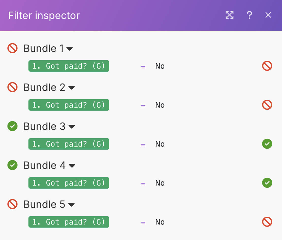 Filter inspector panel showing that Bundle 2 was stopped from reaching the next step