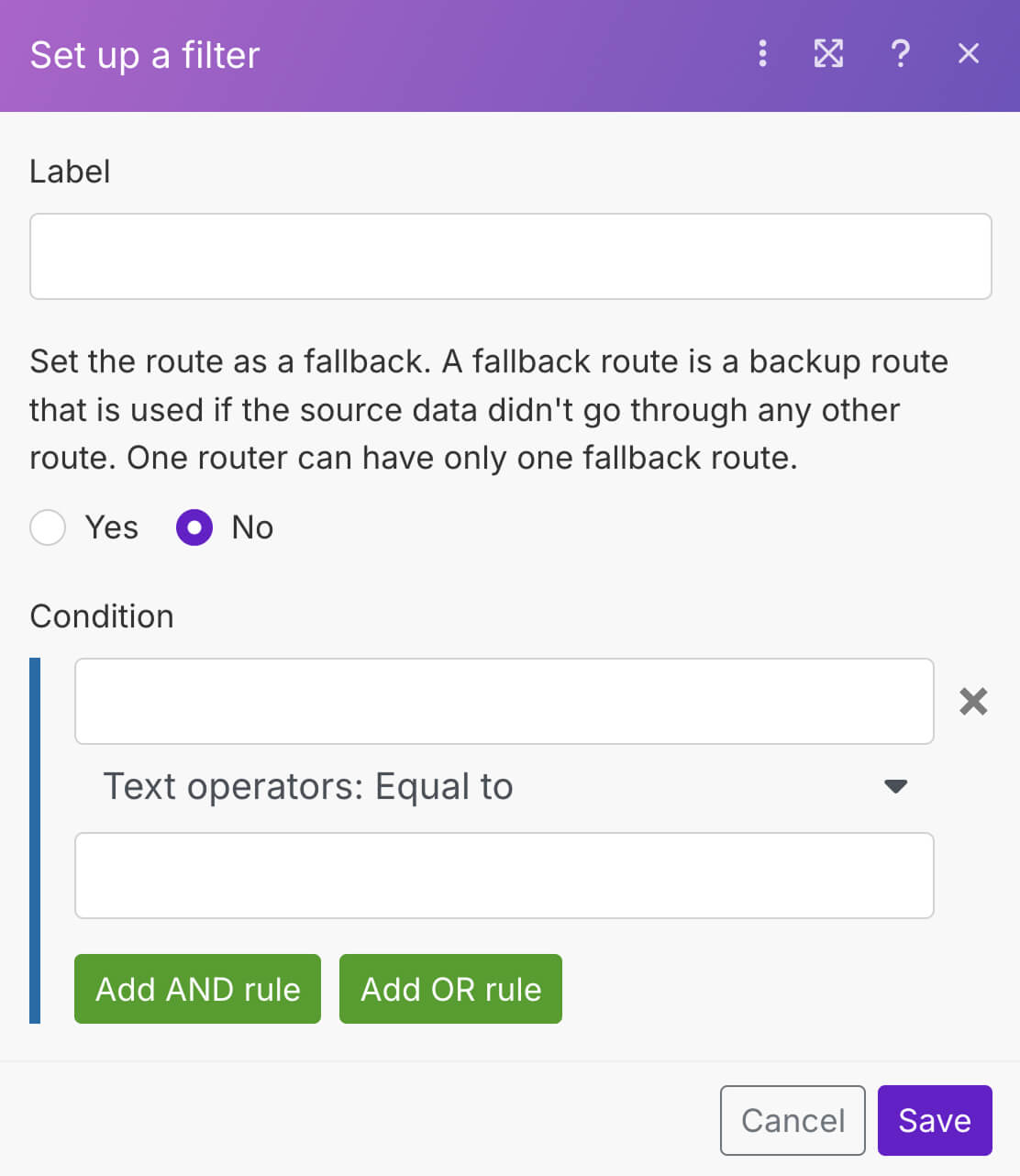 Filter panel of a Make.com scenario