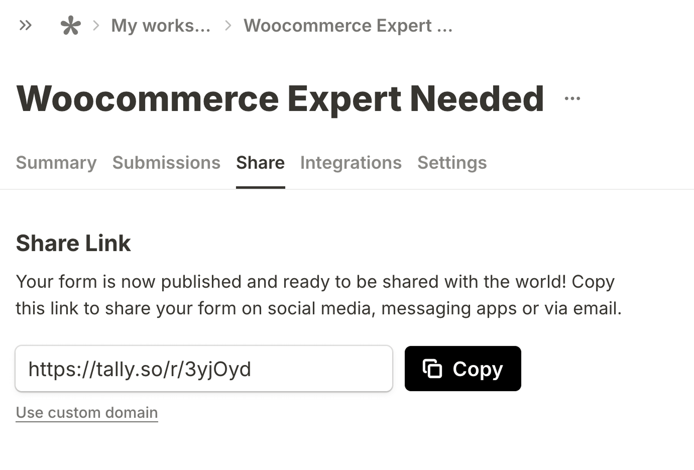 Sharable link for the Tally form