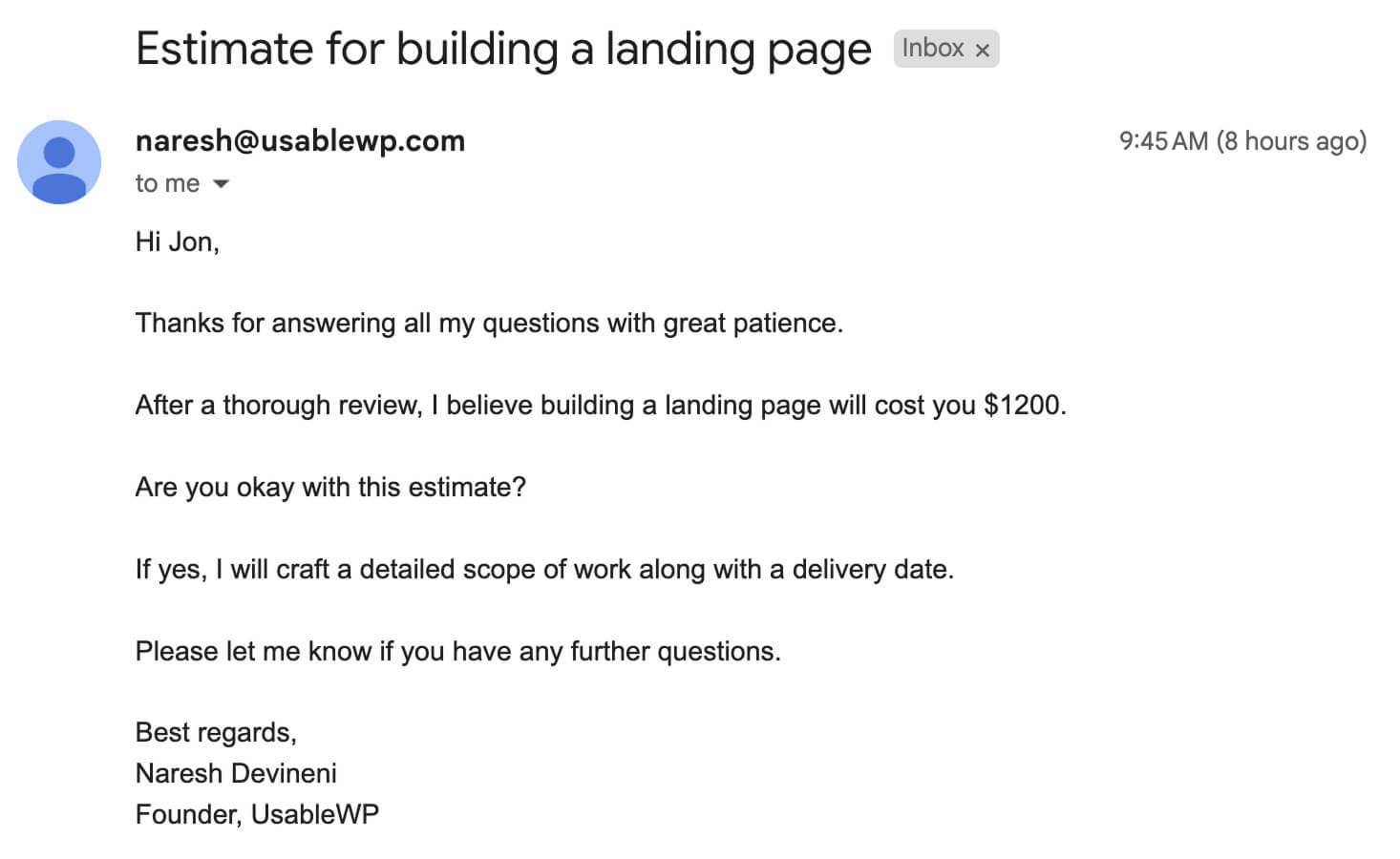 The preview of the email sent to the lead using the generic template