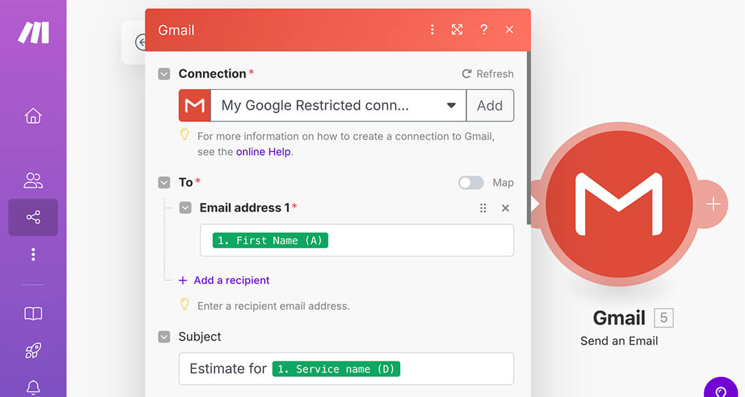 Make.com automatically reused the Gmail API connection from previous automation